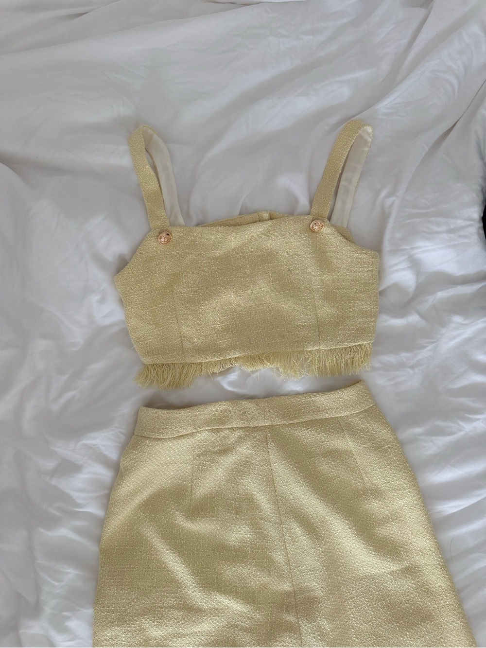 Anthropologie Metallic Gold Tweed Skirt and Crop Top Set